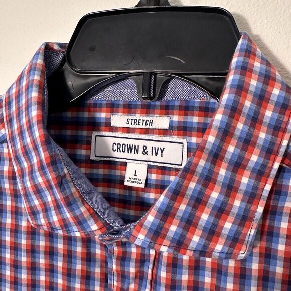 Crown & Ivy Classic Preppy short sleeve shirt Mens Sz‎ L Red/Blue plaid Dadbod - Picture 3 of 8